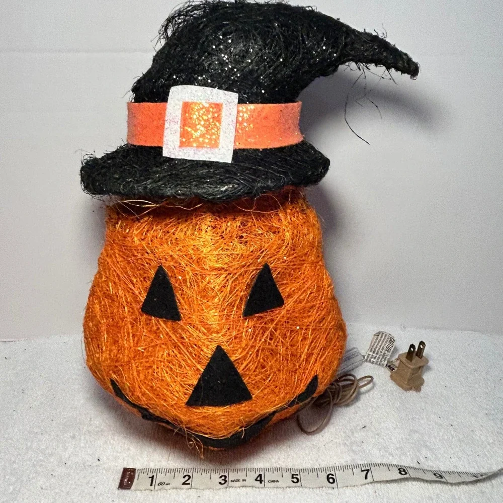 Halloween Lighted Spun String Pumpkin Jack-O-Lantern with Witch Hat Decoration